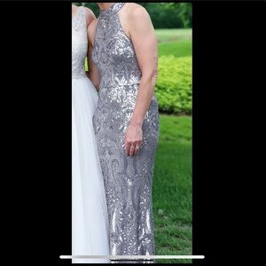 Silver bedazzled Betsy & Adam gown